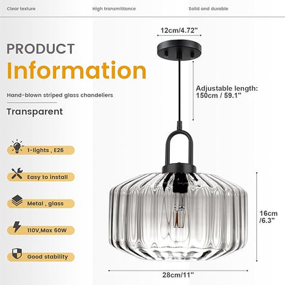 Glass Pendant Light Fixture Kitchen Island Farmhouse Modern Pendant Lights Striped Wave Clear Globe Lamp Shade Black Metal Light fixtures Dining Room Glass Ceiling Hanging Lighting