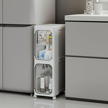 2-Tier Tall Narrow Storage Cabinet, Slim Bathroom Storage Cabinet with Adjustable Shelves and Wheels, Narrow Organizer for Small Space, Bathroom, Kitchen, Laundry, White