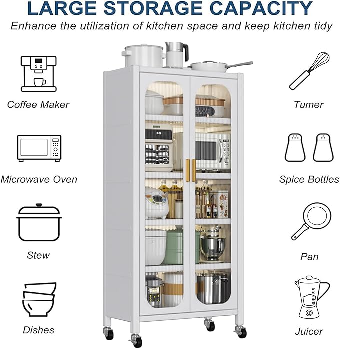 Runboll Kitchen Pantry Storage Cabinet, 6 Tier Metal Sideboard with Wheels and Acrylic Glass Door, Modern Display Curio Cabinet Bookcase White