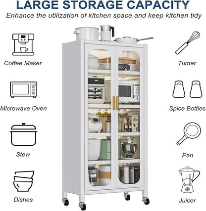 Runboll Kitchen Pantry Storage Cabinet, 6 Tier Metal Sideboard with Wheels and Acrylic Glass Door, Modern Display Curio Cabinet Bookcase White