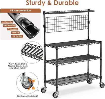 Leteuke Bakers Rack with Storage & Wheels, 42 Inch Microwave Stand Kitchen Shelves, 4-Tier Heavy Duty Storage Rack with 20 S-Hooks, Commercial Metal Utility Kitchen Cart, 42× 18× 63 Inch, Black