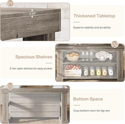 Tribesigns 55" Kitchen Island with Seating and Storage, 3-Tier Farmhouse Wood Stationary Island Table with Large Worktop & Leg Room, Coffee Bar Table with Storage Shelves for Kitchen, Grey