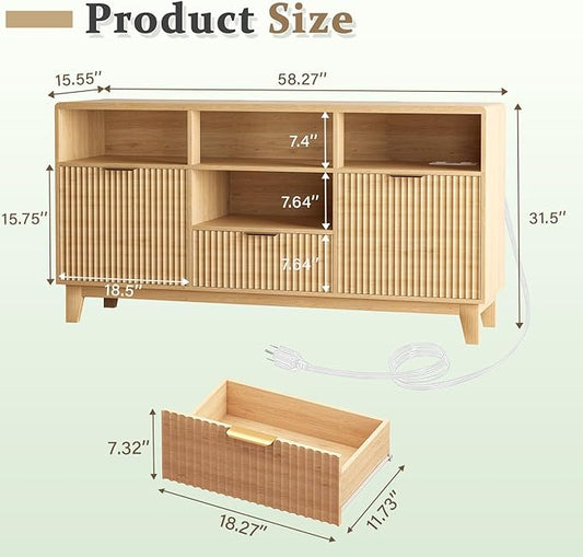 58" Coffee Bar Cabinet with Storage and Drawers, Large Sideboard Buffet Cabinet with Charging Station, Adjustable Lighting, 2 Doors and Open Shelves, Fluted Panel, Natural Oak