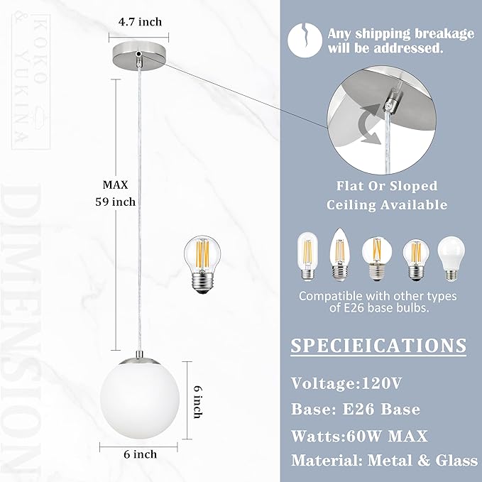 KoKo&Yukina 6 Inch Globe Pendant Light Nickel Globe Pendant Lights Kitchen Island Mid Century Light Fixture with Milky White Glass Shade for Dining Room Living Room