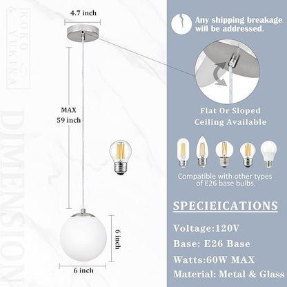KoKo&Yukina 6 Inch Globe Pendant Light Nickel Globe Pendant Lights Kitchen Island Mid Century Light Fixture with Milky White Glass Shade for Dining Room Living Room