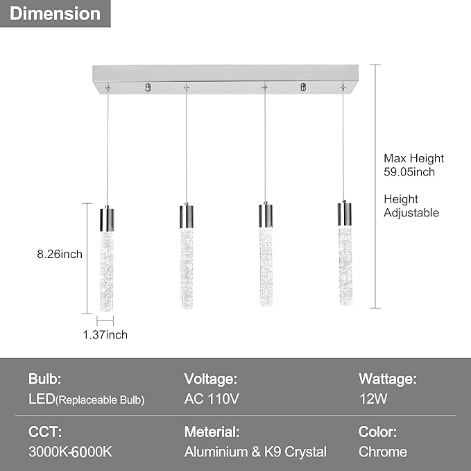 4 Light Pendant Lights Kitchen Island, Modern Chrome Crystal Pendants with Dimmable 3000K-6000K LED Ceiling Hanging Light Fixture for Dining Room Bedroom, Adjustable Height 59"
