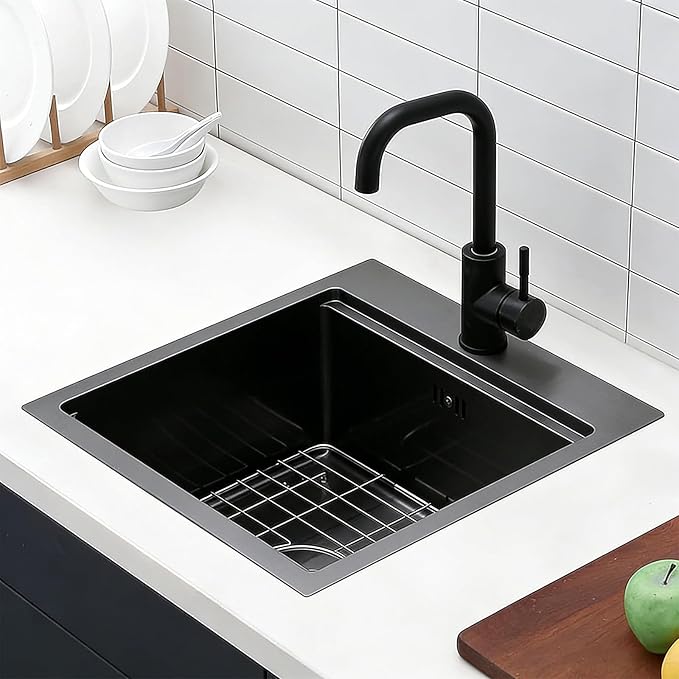 IKEBANA 18x18 Inch Black Bar Sink drop in, 9 Inch Deep 16 Gauge Stainless Steel Topmount Black Small Kitchen Sink, Single Bowl Wet Bar Outdoor RV Prep Sinks With Dish Grid & Drain