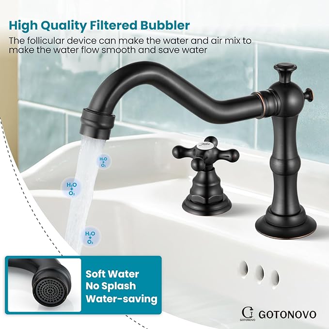 gotonovo Bathroom Faucet 3 Hole 8 Inch Widespread Bathroom Sink Faucet 2 Cross Handles Vintage Lavatory Vanity Mixer Tap with Pop Up Drain, Round Font Label, Oil-Rubbed Bronze