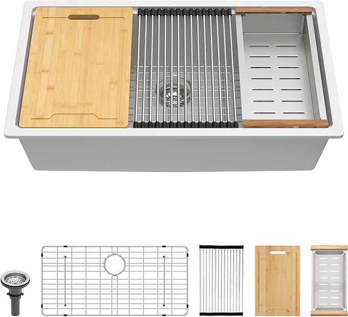 Lordear 32 Granite Composite Kitchen Sink Undermount 32"x19" White Kitchen Sink Deep Single Bowl Under Counter Workstation Sinks with Accessories