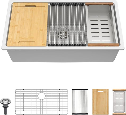 Lordear 32 Granite Composite Kitchen Sink Undermount 32"x19" White Kitchen Sink Deep Single Bowl Under Counter Workstation Sinks with Accessories