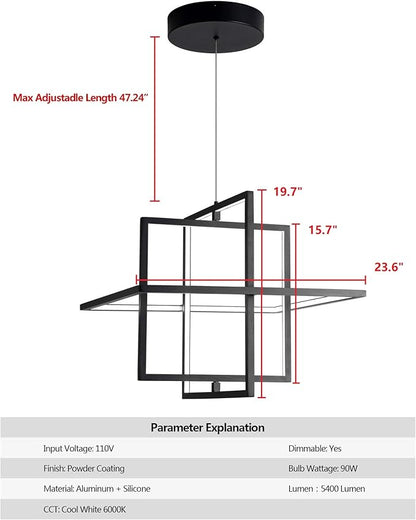 Modern LED Chandelier Led Pendant Light Square Contemporary Chandelier Hanging Light Dimmable for Living Room, Dining Room, Bedroom, Kitchen, Stydy Room 90W 6000K Cool Light (Black)