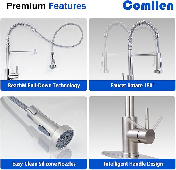 Comllen Kitchen Faucet with Pull Down Sprayer Brushed Nickel Stainless Steel 1 Handle Pull Out Spring Sink Faucets 1 Hole Or 3 Hole Dual Function for Outdoor Utility Camper Laundry Rv Wet Bar