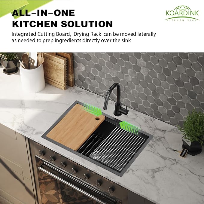 Black Kitchen Sink Workstation, 27x18 In Stainless Steel Drop In Kitchen Sink Modern Undermount Single Bowl Kitchen Sink Accessory Combo-SS Grid,Drying Rack,Cutting Board,Sink Clip,Drain Strainer Set