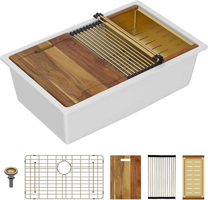 Lordear 30 Inch White Kitchen Sink Granite Composite Undermount Kitchen Sink Workstation 30x19 White Quartz Sinks Under Counter Single Bowl with Classic Gold Accessories
