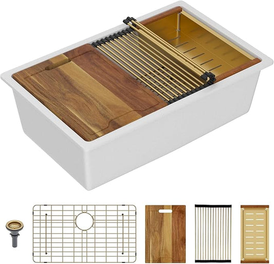 Lordear 30 Inch White Kitchen Sink Granite Composite Undermount Kitchen Sink Workstation 30x19 White Quartz Sinks Under Counter Single Bowl with Classic Gold Accessories
