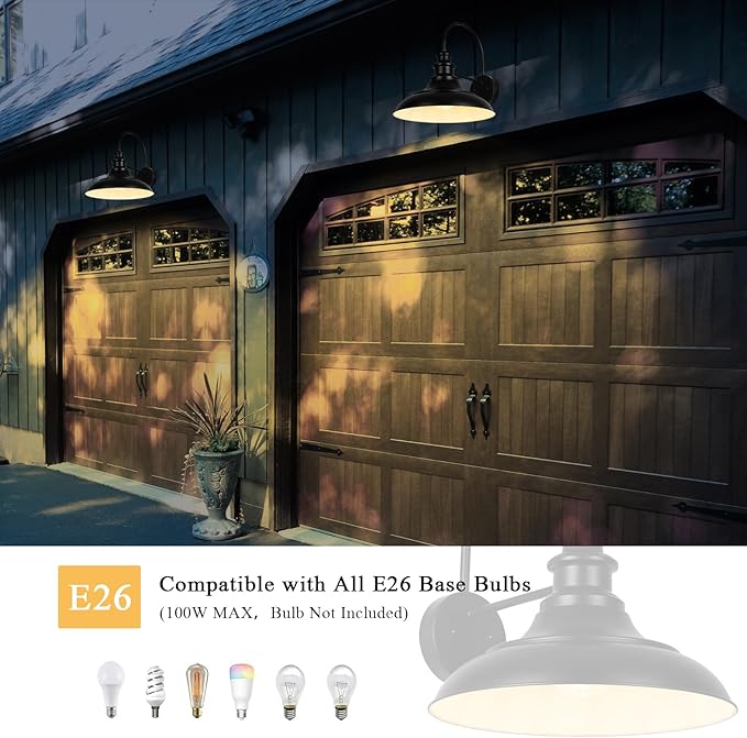 Outdoor Barn Light Fixtures, 12.3 Inch Large Dome Farmhouse Exterior Wall Mount Lights, Wall Sconce Indoor Wall Lighting, Industrial Black White Finish Lanterns for Porch, RZ004-4 BK+WH