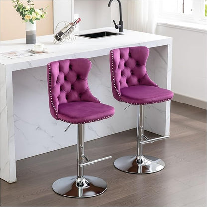 Swivel Velvet Barstools Adjusatble Seat Height from 25-33 Inch, Modern Upholstered Chrome Base Bar Stools with Backs Comfortable Tufted for Home Pub and Kitchen Island（Purple,Set of 2）