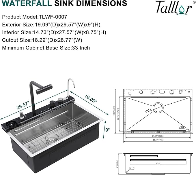 Smart Waterfall Kitchen Sink, 30" Drop-In Single Bowl 16 Gauge 304 Stainless Steel Workstation Sink with Mechanical Control Panel & Pull-Down Faucet for New house Decoration or Renovation