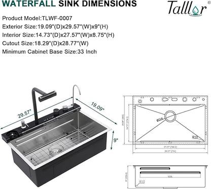 Smart Waterfall Kitchen Sink, 30" Drop-In Single Bowl 16 Gauge 304 Stainless Steel Workstation Sink with Mechanical Control Panel & Pull-Down Faucet for New house Decoration or Renovation