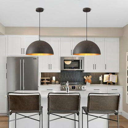 Farmhouse Pendant Light,15.7" Black with Brown Grain Industrial Dome Light Fixture,Adjustable Vintage Chandelier for Kitchen Island,Dining Room,and Bedroom