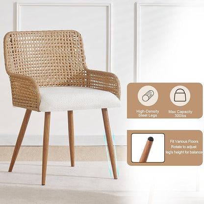 Rattan Dining Chairs,Upholstered Boucle Fabric Dining Chairs with Armrest and PE Cane Backrest, Mid Century Modern Dining Room Chairs with Metal Legs for Kitchen Island,Set of 2