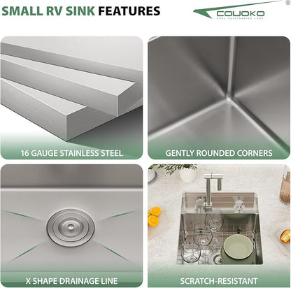 16x17 Inch Outdoor Sink Undermount RV Sink Workstation 16 Gauge Stainless Steel Single Bowl Handmade Concealed Outdoor Kitchen Sinks With Folding Faucet 16"x17"x9"