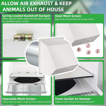 4 Inch Dryer Vent Cover Outside Hooded Wall Vent with Screen and Damper, Exhaust Vent Wall Mount Exterior Wall Vents Cover Cap for Dryer Ventilation&Outdoor Air Exhaust,Galvanized Steel,White