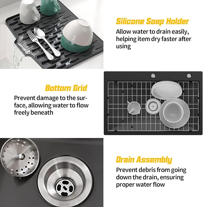 Black 31x20 Inch Drop In Kitchen Sink-Stainless Steel Single Bowl Topmount Kitchen Sink Stylish And Modern Look With Bottom Grid,Silicon Mat And Drain Assembly Add Elegance & Enhance Usability