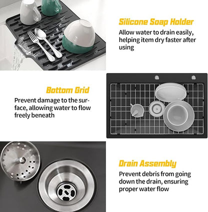 Black 31x20 Inch Drop In Kitchen Sink-Stainless Steel Single Bowl Topmount Kitchen Sink Stylish And Modern Look With Bottom Grid,Silicon Mat And Drain Assembly Add Elegance & Enhance Usability