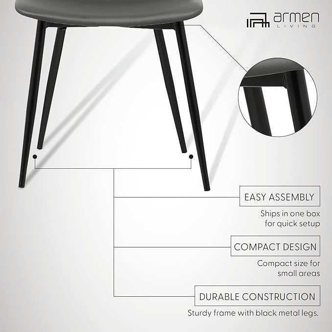 Armen Living Monte Mid Century Modern Dining Accent Chair for Table Kitchen Desk Vanity in Charcoal Gray Faux Leather with Black Metal Legs