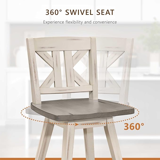 Lexicon Counter Height Stools Set of 2-Solid Wood Frame 360° Swivel Wooden Stools, Foot Rest, KK Back, Wide Seat, Distressed Farmhouse Easy to Clean Finish, 24" SH, Antique White/Grey