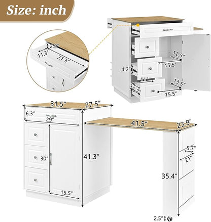 73” Kitchen Island with Extendable Dining Table, Multifunctional Wine Cabinet with 1 Door, 5 Drawers, Open Side Shelves, Wine Rack, Stemware Holder, Rolling Wheels, Chairs Not Include, White+Natural
