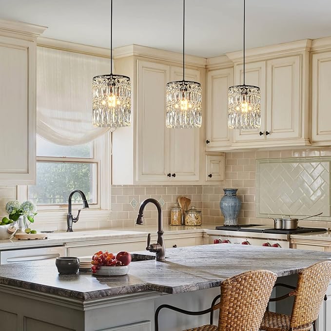 Modern K9 Crystal Chandeliers for Dining Room Black Pendant Light Fixtures Unique Kitchen Island Lighting Height Adjustable Ceiling Light for Bedroom Living Room Entryway （2-Pack）