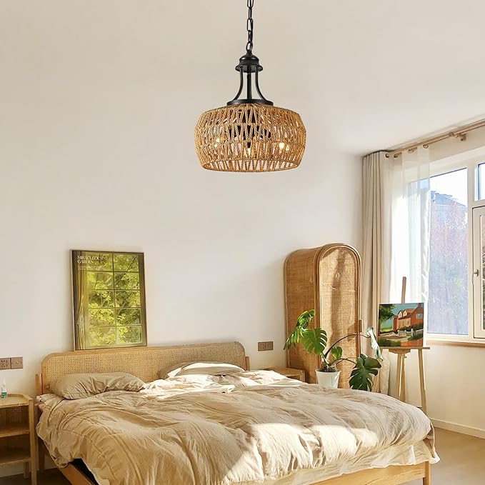12.6" Chandeliers for Dining Room, 3-Light Rattan Chandelier with Rattan Lampshade, Adjustable Height Coastal Chandeliers, Vintage Pendant Lighting for Kitchen, Bedroom
