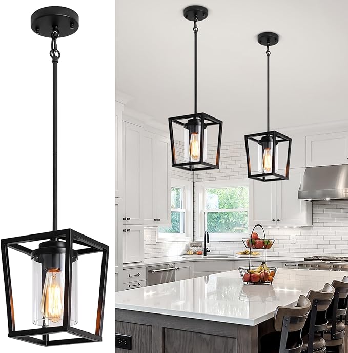 2 Pack Black Pendant Lights Kitchen Island, Farmhouse Pendant Light Fixtures with Glass Shade, Modern Kitchen Island Lighting Metal Cage Hanging Light for Hallway Entryway Dining Room Bathroom Foyer