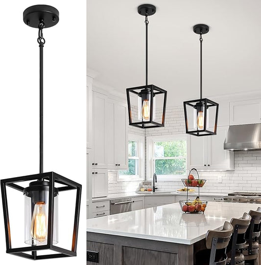 2 Pack Black Pendant Lights Kitchen Island, Farmhouse Pendant Light Fixtures with Glass Shade, Modern Kitchen Island Lighting Metal Cage Hanging Light for Hallway Entryway Dining Room Bathroom Foyer