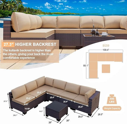 Kullavik 7 Pieces Outdoor Patio Furniture Set,Wicker Outdoor Sectional Sofa,All-Weather Patio Conversation Sets with Washable Thick Cushions & Coffee Table for Garden,Backyard,Balcony,Porch,Sand
