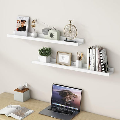 FLYJOE Picture Ledge Shelf for Wall, 36 inch Solid Ash Wood Nursery Book Shelves 2 Packs, Floating Shelves for Kids' Room Bedroom Bathroom Living Room Photo Frames Office Nursey Wall Decor, White