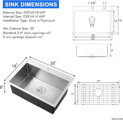 MENATT 30x18 Inch Drop in Kitchen Sink, 304 Stainless Steel Single Bowl with Dual Faucet Holes & Bottom Grid Mat, X-Shape Drain, 9" Deep Large Sink for Spacious Kitchen, Laundry, Bar, Commercial Use