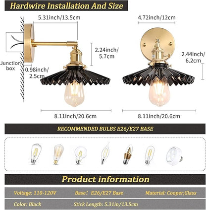 Shenmoyl Vintage Wall Sconce with Black Pleated Ceramic Lampshade 180 Degree Adjustable Brass Sconces Wall Lighting Fixture with Switch for Bedside Bedroom Doorway