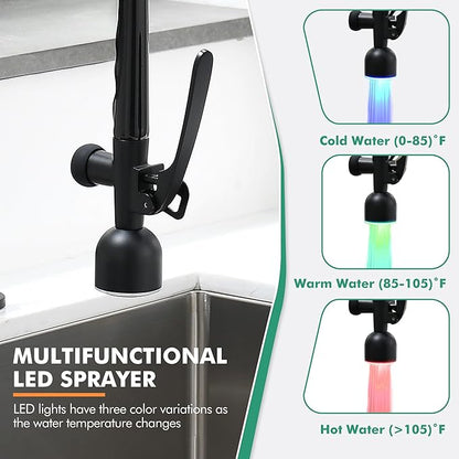 GIMILI Kitchen Faucet with LED Single Handle Kitchen Sink Faucet with Pull Down Sprayer Commercial Double-Headed Stainless Steel Kitchen Faucets Sink with Deck Plate Matte Black