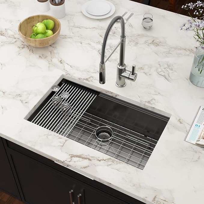 Black Undermount Kitchen Sink 30 Inch Stainless Steel Workstation Kitchen Sinks Single Bowl Gunmetal Black Nano PVD 16 Gague Handmade Large Deep Sinks, 30"x19"x9"