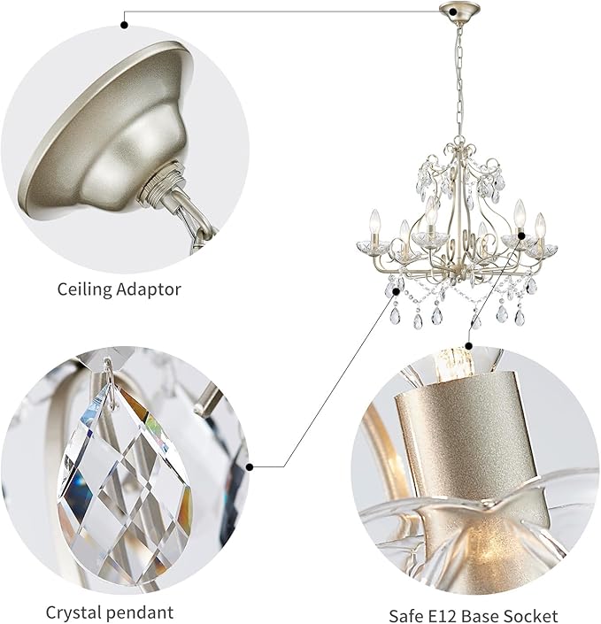 WUZUPS Crystal Candle Chandelier Pendant Flushmount Ceiling Light Modern Lighting Fixture for Bedroom Hallway Bar Kitchen Bathroom, H 22.5" x W 21.7", Nickel, E12 Base