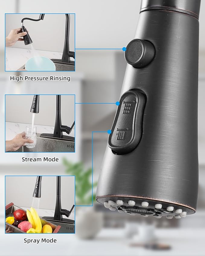 Hibbent Stainless Steel Pull Down Spray Head Replacement with 15 Adapters, NSF/ANSI/CAN 61 & CUPC Certified 3-Function Kitchen Faucet Nozzle Compatible with Moen, Delta, Kohler, Oil-Rubbed Bronze