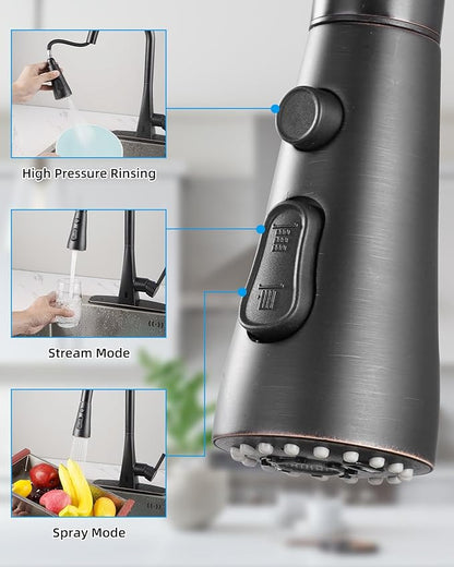 Hibbent Stainless Steel Pull Down Spray Head Replacement with 15 Adapters, NSF/ANSI/CAN 61 & CUPC Certified 3-Function Kitchen Faucet Nozzle Compatible with Moen, Delta, Kohler, Oil-Rubbed Bronze