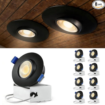 Sublimation Black 8 Packs 3 Inch 3CCT Gimbal Led Recessed Light with Junction Box 10w,Waterproof recessed Lights for Shower,Black recessed Lights,3 Colors Adjustable