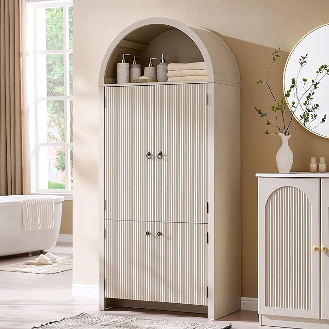 IFBUY 71" Tall Arched Bathroom Storage Cabinet, Modern Fluted Storage Cabinet w/Doors, 3 Adjustable Shelves, 6 Door Shelves, Wood Freestanding Cabinet for Bathroom, Entryway, Hallway, Cream
