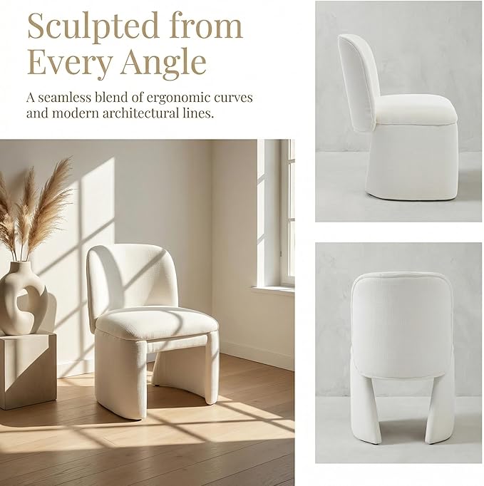 Hyfirm Modern Upholstered Dining Chairs Set of 2, Linen Accent Side Dining Chairs Armless Kitchen Chairs with Curved Back Parsons Chairs for Kitchen Dining Room Living Room, White