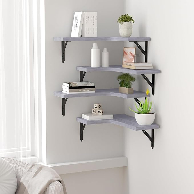 ROMGUAR CRAFT Corner Floating Shelves Wall Mounted Set of 4, Rustic Wood Storage Display Wall Shelves for Home Decor, Bathroom, Kitchen, Bedroom, Living Room, Office (Light Grey)