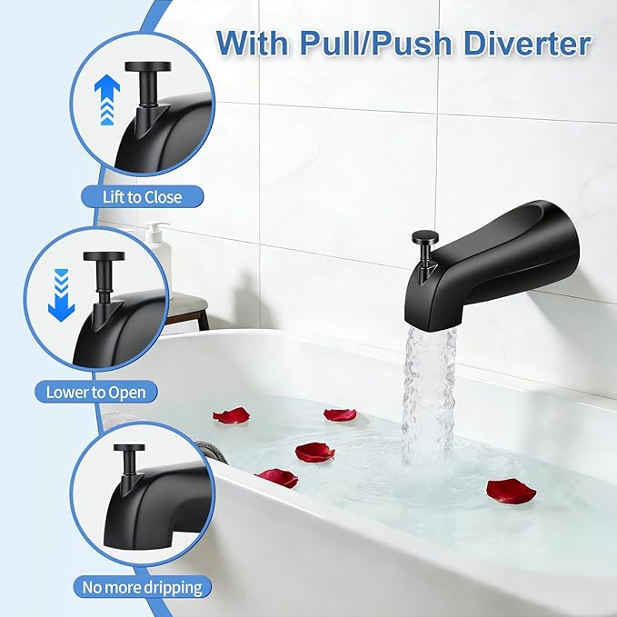 Universal Tub Spout with Diverter, Fits 1/2" Slip on Copper Pipe and 1/2" IPS & 3/4" IPS Threaded, Bathroom Tub Faucet Replacement, Bathtub Spout with Adapter and Hex Wrench (Matte Black)